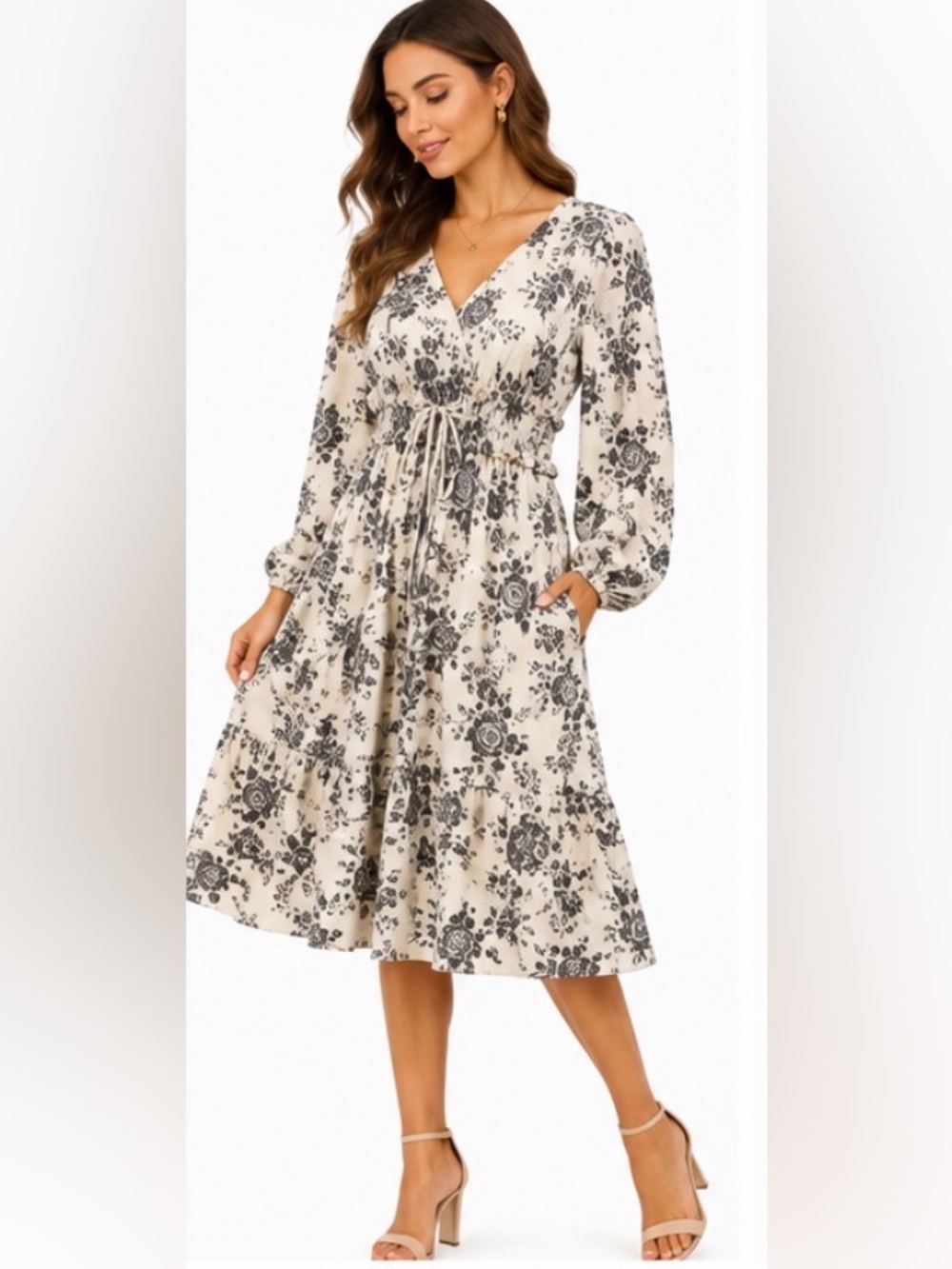 Polagram NWT Ivory Black Floral Smocked Waist Midi Dress Pockets M